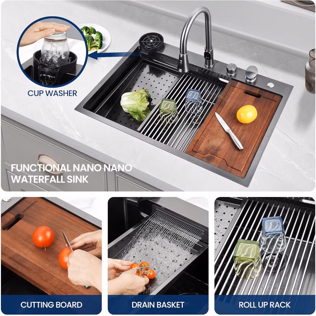 Feibus 33-Inch Black Waterfall Workstation Kitchen Sink